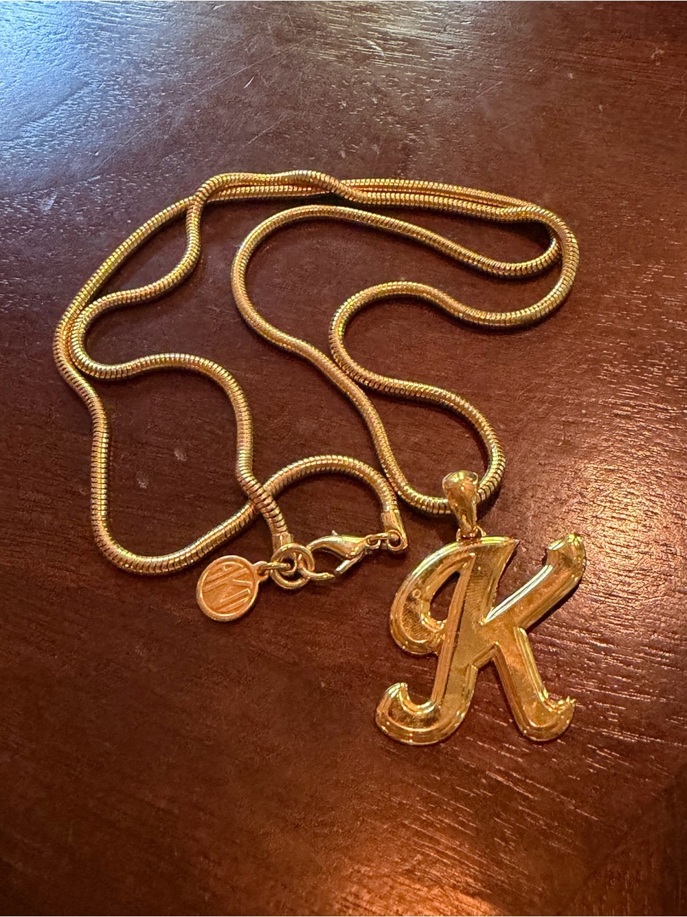Gold Tone Script 'K' Initial Pendant Necklace